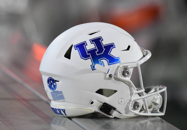 Kentucky football helmet sits on the sideline during the college football game between the Kentucky Wildcats and Georgia Bulldogs on October 07 at...