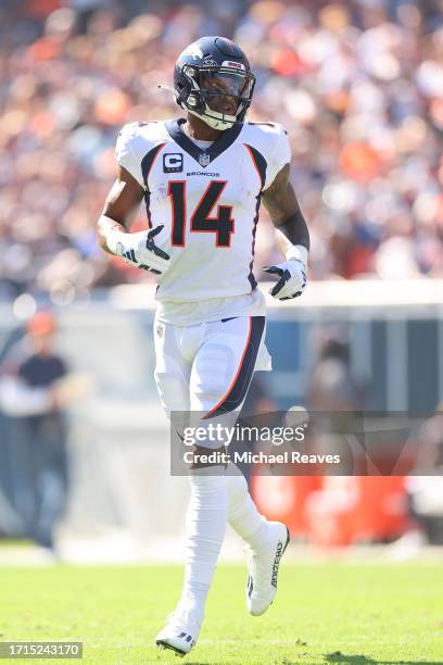 Courtland Sutton of the Denver Broncos in action against the Chicago Bears at Soldier Field on October 01, 2023 in Chicago, Illinois.