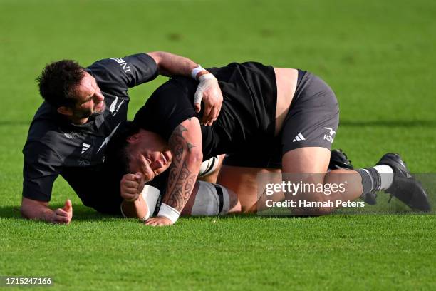 Sam Whitelock and Tamaiti Williams of the All Blacks run through drills during a New Zealand All Blacks training session at LOU rugby club on October...