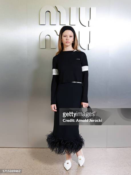Mia Goth attends the Miu Miu Womenswear S/S 2024 show as part of Paris Fashion Week at Palais d'Iena on October 03, 2023 in Paris, France.