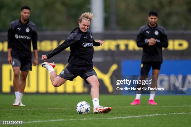 Julian Brandt of Borussia Dortmund at training ahead of their UEFA Champions League group match against AC Milan at Signal Iduna Park on October 3,...