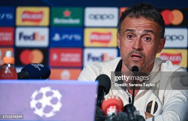 Paris Saint-Germain manager Luis Enrique during the Paris Saint-Germain Training and Press Conference at St. James Park on October 03, 2023 in...