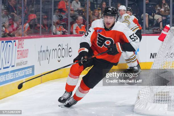 Rasmus Ristolainen of the Philadelphia Flyers skates against the Boston Bruins during the preseason game at the Wells Fargo Center on October 2, 2023...