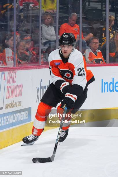 Ryan Poehling of the Philadelphia Flyers skates against the Boston Bruins during the preseason game at the Wells Fargo Center on October 2, 2023 in...