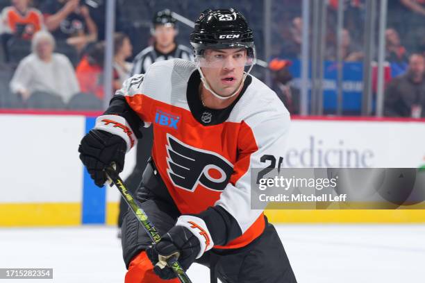 Ryan Poehling of the Philadelphia Flyers looks on against the Boston Bruins during the preseason game at the Wells Fargo Center on October 2, 2023 in...