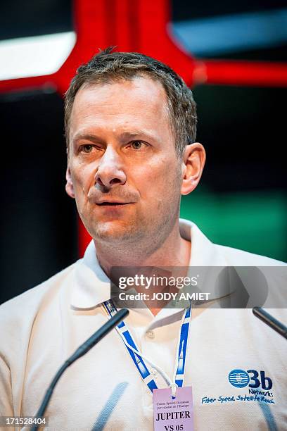 Networks CEO Steve Collar poses after the launching of Russian Soyouz rocket, carrying four O3b Satellite Constellation, on June 25, 2013 in Kourou...