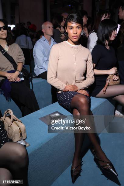 Tina Kunakey attends the Miu Miu Womenswear S/S 2024 show as part of Paris Fashion Week at Palais d'Iena on October 03, 2023 in Paris, France.