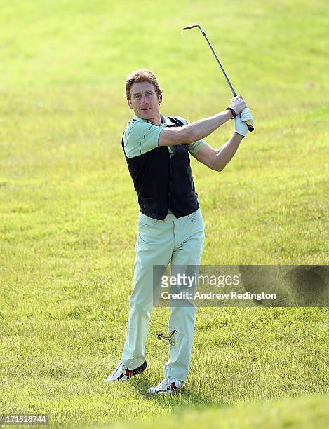 Top Irish jockey Johnny Murtagh in action during the pro-am event prior to the start of the Irish Open at Carton House Golf Club on June 26, 2013 in...