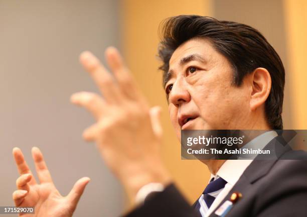 Japanese Prime Minister Shinzo Abe speaks during the Asahi Shimbun Interview at his official residence on June 25, 2013 in Tokyo, Japan.