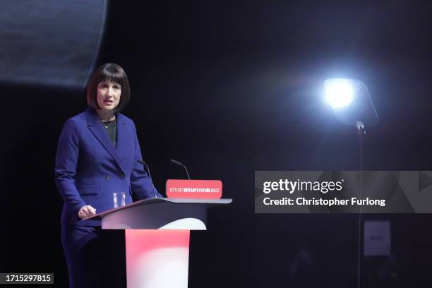 Rachel Reeves MP, Shadow Chancellor of the Exchequer delivers a speech to party delegates on day two of the Labour Party conference on October 9,...