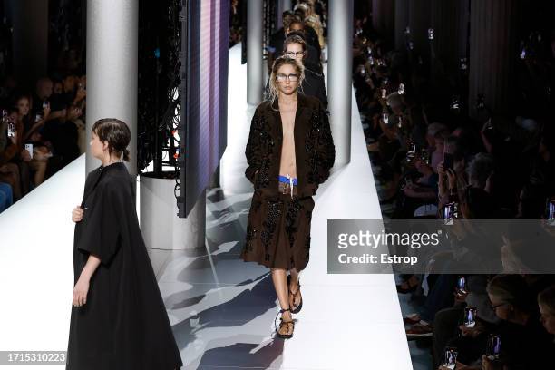 Gigi Hadid walks the runway during the Miu Miu Womenswear Spring/Summer 2024 show as part of Paris Fashion Week on October 3, 2023 in Paris, France.