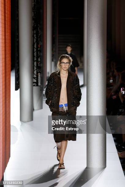Gigi Hadid walks the runway during the Miu Miu Womenswear Spring/Summer 2024 show as part of Paris Fashion Week on October 3, 2023 in Paris, France.