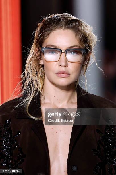 Gigi Hadid headshot detail during the Miu Miu Womenswear Spring/Summer 2024 show as part of Paris Fashion Week on October 3, 2023 in Paris, France.