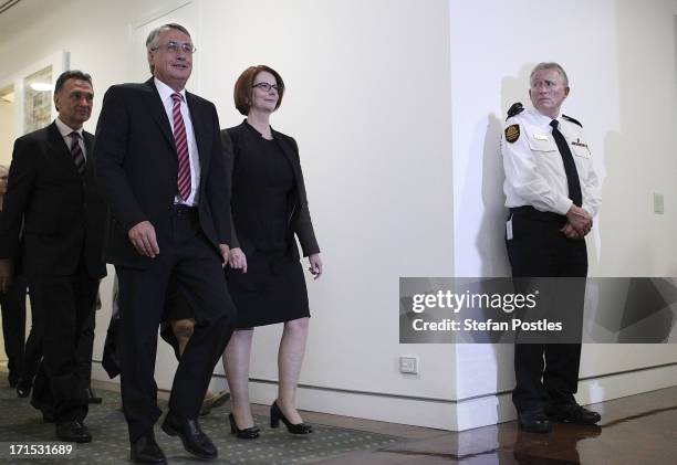 Julia Gillard leaves the caucus room after the leadership ballot at Parliament House on June 26, 2013 in Canberra, Australia. In a snap leadership...