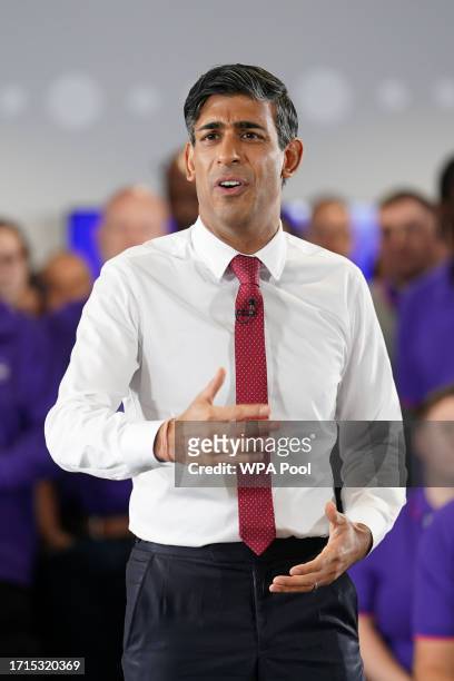 Prime Minister Rishi Sunak hosts a PM Connect event during a visit to the Currys Repair Centre, in Coddington on October 9, 2023 in Newark upon...