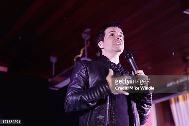 Host Hal Sparks speaks on stage at Logo's "Hot 100" party at Drai's Hollywood on June 25, 2013 in Hollywood, California.