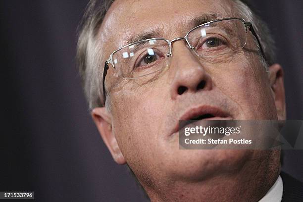 Deputy Australian Prime Minister Wayne Swan delivers his post ballot press conference at Parliament House on June 26, 2013 in Canberra, Australia. In...