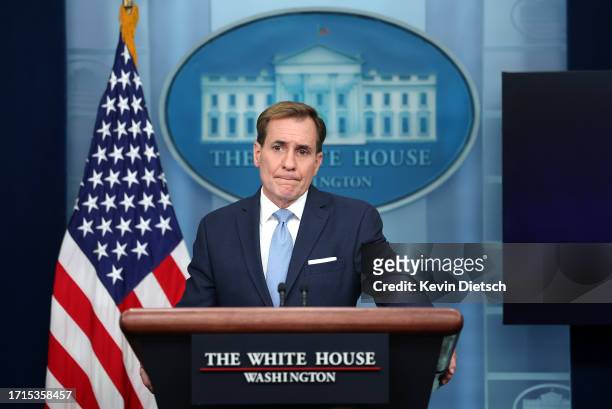 John Kirby, Coordinator for Strategic Communications at the National Security Council in the White House, speaks during the daily press briefing at...