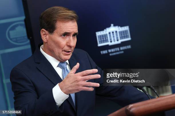 John Kirby, Coordinator for Strategic Communications at the National Security Council in the White House, speaks during the daily press briefing at...