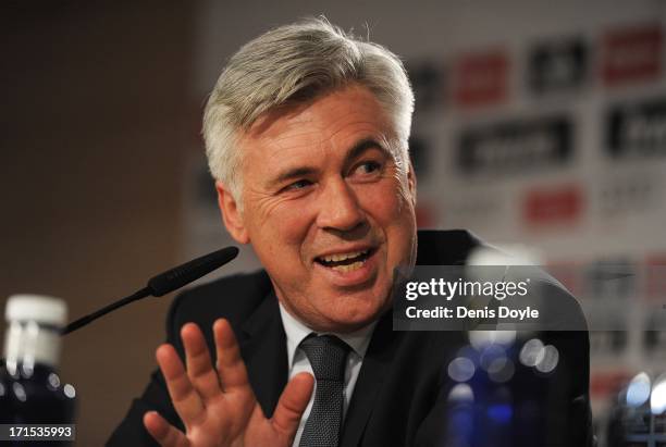 Carlo Ancelotti attends a press conference after he was presented as the new coach of Real Madrid at Estadio Bernabeu on June 26, 2013 in Madrid,...