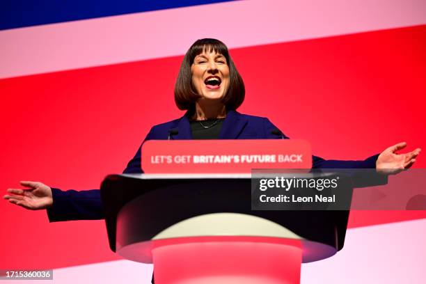 Rachel Reeves MP, Shadow Chancellor of the Exchequer gestures as she delivers a speech to party delegates on day two of the Labour Party conference...