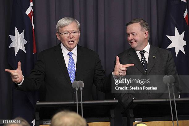 Kevin Rudd new Leader Of The ALP stands next to Anthony Albanese, Minister for Infrastructure and Transport as he speaks to the media after winning...