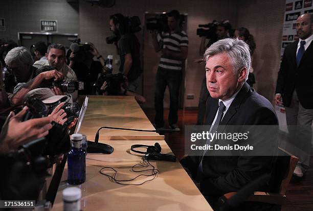 Carlo Ancelotti looks on during a press conference after he was presented as the new head coach of Real Madrid at Estadio Bernabeu on June 26, 2013...