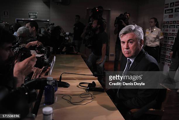 Carlo Ancelotti looks on during a press conference after he was presented as the new head coach of Real Madrid at Estadio Bernabeu on June 26, 2013...