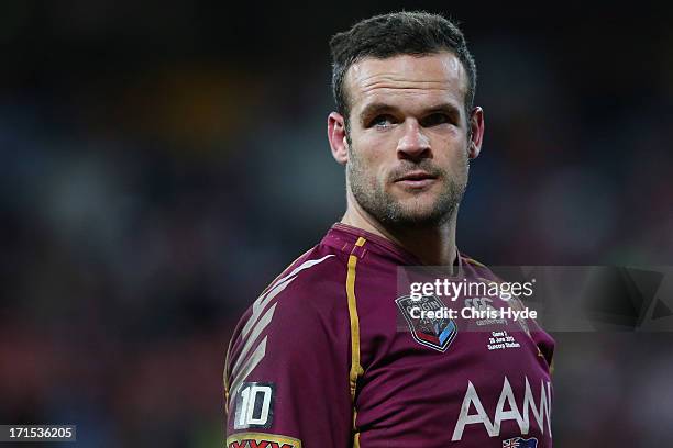 Nate Myles of the Maroons looks on during game two of the ARL State of Origin series between the Queensland Maroons and the New South Wales Blues at...