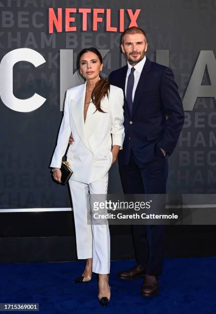 Victoria and David Beckham attend the Netflix 'Beckham' UK Premiere at The Curzon Mayfair on October 03, 2023 in London, England.