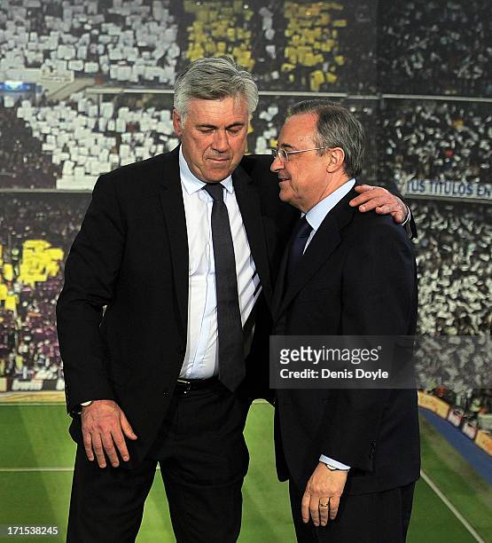 Real Madrid president Florentino Perez presents Carlo Ancelotti as Real's new head coach at Estadio Bernabeu on June 26, 2013 in Madrid, Spain.