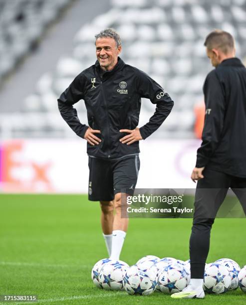 Paris Saint-Germain manager Luis Enrique during the Paris Saint-Germain Training and Press Conference at St. James Park on October 03, 2023 in...