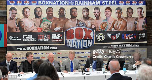 Barry McGuigan, Ricky Hatton, Bill Ives, Frank Warren, Richard Brooke, Jim Mcmunn and Frank Maloney during the Boxnation Press Conference on June 26,...