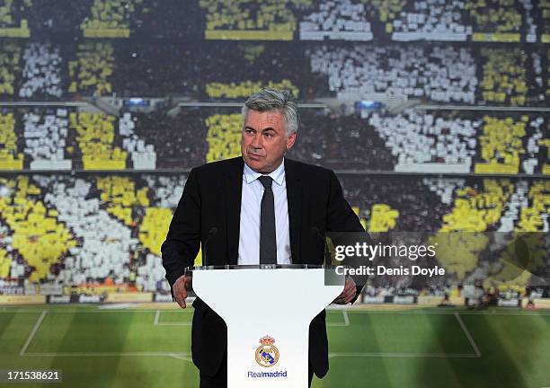 Carlo Ancelotti speaks to the press while being presented as Real's new head coach at Estadio Bernabeu on June 26, 2013 in Madrid, Spain.