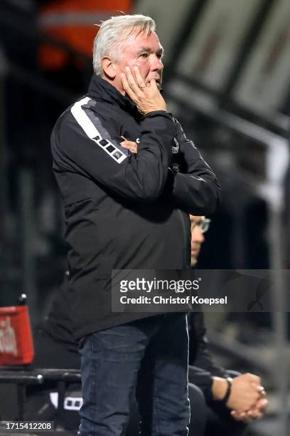 Olaf Janssen, Head coach of Viktoria Köln reacts during the 3. Liga match between Viktoria Köln and FC Ingolstadt 04 at Sportpark Hoehenberg on...