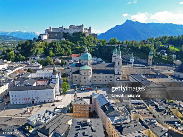 aerial view of salzburg old town, austria - salzburg stock pictures, royalty-free photos & images