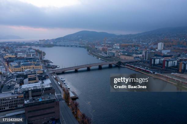 aerial view of drammen city, norway - city streetlights stock pictures, royalty-free photos & images