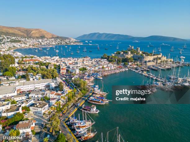 aerial view of bodrum city, turkey - bodrum turkey stock pictures, royalty-free photos & images