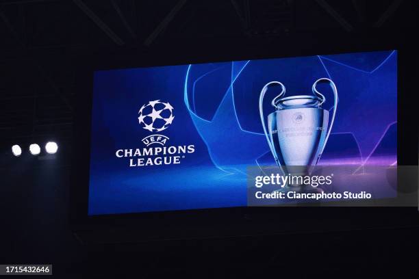 Logo of UEFA Champions League is seen inside the stadium prior to the UEFA Champions League match between FC Internazionale and SL Benfica at Stadio...