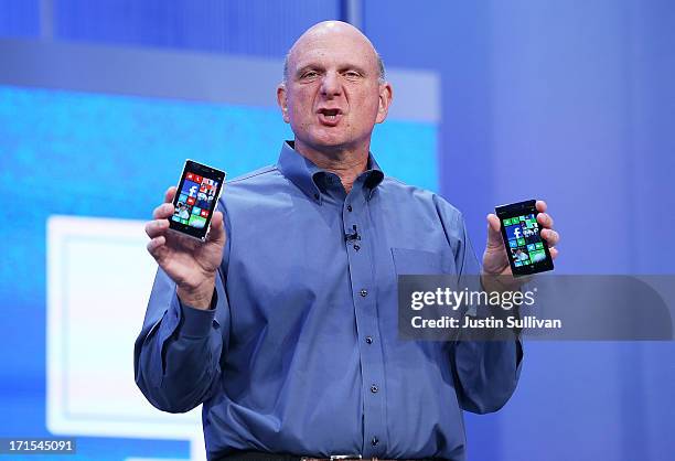 Microsoft CEO Steve Ballmer holds two Windows phones as he speaks during the keynote address during the Microsoft Build Conference on June 26, 2013...