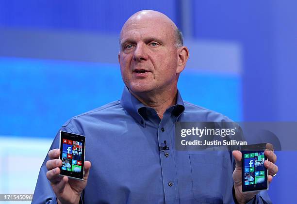 Microsoft CEO Steve Ballmer holds two Windows phones as he speaks during the keynote address during the Microsoft Build Conference on June 26, 2013...