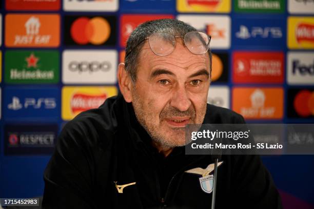 Lazio head coach Maurizio Sarri attends during the press conference at Celtic Park Stadium on October 03, 2023 in Glasgow, Scotland.