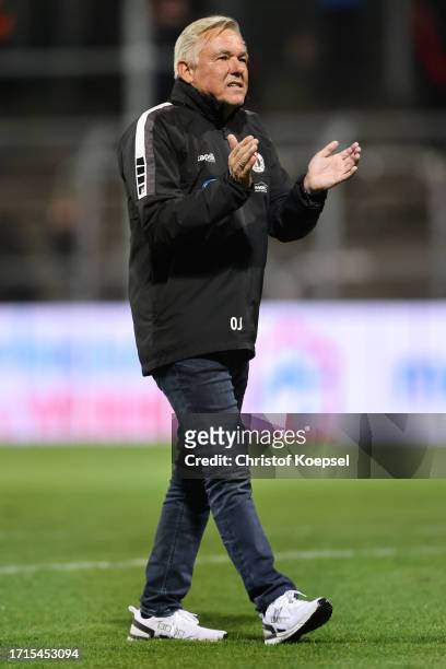 Olaf Janssen, Head coach of Viktoria Köln celebrates the 1-0 victory after the 3. Liga match between Viktoria Köln and FC Ingolstadt 04 at Sportpark...
