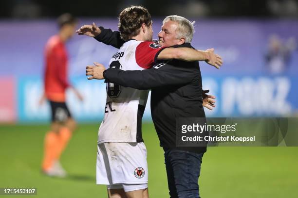 Olaf Janssen, Head coach of Viktoria Köln celebrates the 1-0 victory with Donny Bogicevic of Viktoria Köln after the 3. Liga match between Viktoria...