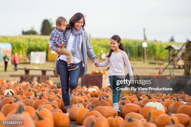 mother with two children at a pumpkin patch - pumpkin patch stock pictures, royalty-free photos & images
