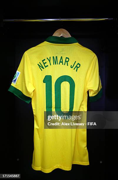 Neymar of Brazil 's shirt hangs in the team dressing room prior to the FIFA Confederations Cup Brazil 2013 Semi Final match between Brazil and...