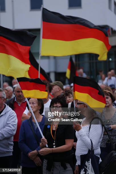 Supporters of the far-right "Zukunft Heimat" movement listen to speeches and hold up German flags at a gathering on German Unity Day on October 03,...