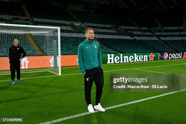 Ciro Immobile of SS Lazio during the walk around at Celtic Park Stadium on October 03, 2023 in Glasgow, Scotland.