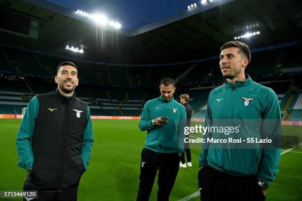 Mattia Zaccagni and Nicolò Casale of SS Lazio during the walk around at Celtic Park Stadium on October 03, 2023 in Glasgow, Scotland.