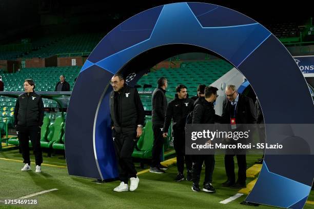 Lazio head coach Maurizio Sarri during the walk around at Celtic Park Stadium on October 03, 2023 in Glasgow, Scotland.